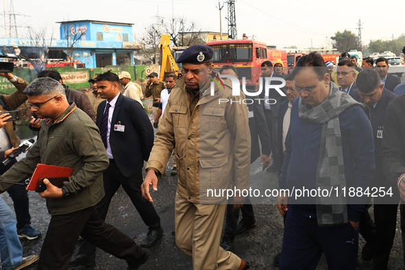 Rajasthan Chief Minister Bhajan Lal Sharma visits the site of the accident after a tanker loaded with LPG collides with some other vehicles...