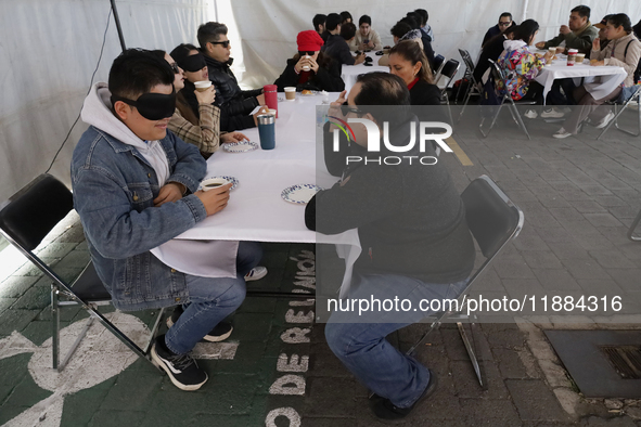 A group of blind people and volunteers meet at the Guide Dog Training School for the Blind (I.A.P) in Mexico City, Mexico, on December 20, 2...