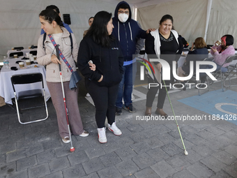 Blind people attend a meeting at the Guide Dog Training School for the Blind (I.A.P) in Mexico City, Mexico, on December 20, 2024. The schoo...