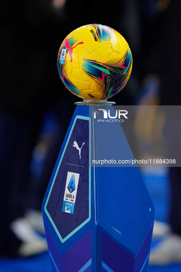 The official Serie A ball is present during the Italian Serie A Enilive soccer championship football match between Hellas Verona FC and AC M...