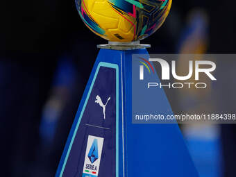 The official Serie A ball is present during the Italian Serie A Enilive soccer championship football match between Hellas Verona FC and AC M...