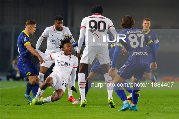 AC Milan's Samuel Chukwueze plays against Hellas Verona's Tomas Suslov during the Italian Serie A Enilive soccer championship match between...