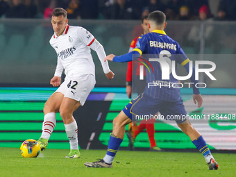 AC Milan's Filippo Terracciano plays against Hellas Verona's Reda Belahyane during the Italian Serie A Enilive soccer championship football...