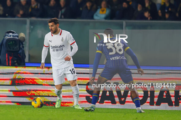 AC Milan's Theo Hernandez plays against Hellas Verona's Jackson Tchatchoua during the Italian Serie A Enilive soccer championship football m...