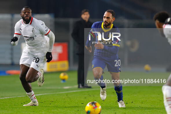 AC Milan's Youssouf Fofana plays against Hellas Verona's Grigoris Kastanos during the Italian Serie A Enilive soccer championship football m...