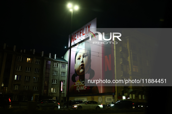 Squid Game 2 Netflix series banner is seen on th building in Warsaw, Poland on December 20, 2024. 