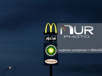 McDonald's, Mccafe, BP and Wild Bean Cafe logos are seen near the restaurant in Poland on December 20, 2024. (