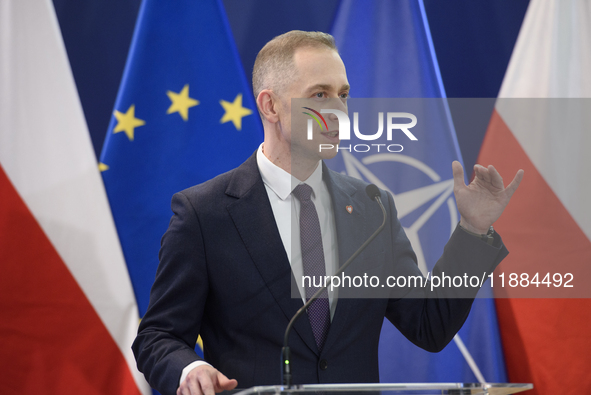 Polish Deputy Prime Minister and Defence Minister Wladyslaw Kosiniak-Kamysz speaks during a press conference in Warsaw, Poland, on December...