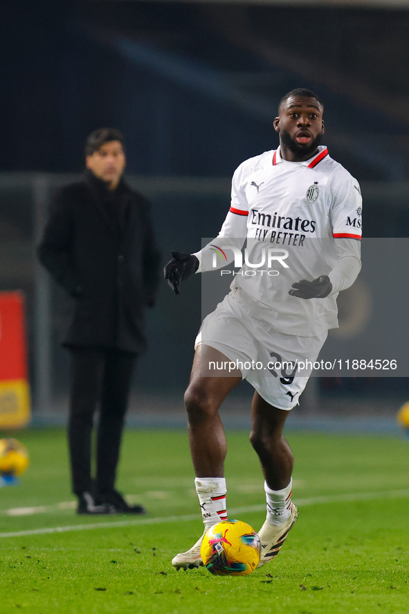 AC Milan's Youssouf Fofana participates in the Italian Serie A Enilive soccer championship football match between Hellas Verona FC and AC Mi...