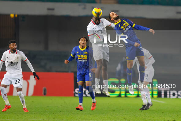 AC Milan's Youssouf Fofana plays against Hellas Verona's Grigoris Kastanos during the Italian Serie A Enilive soccer championship football m...