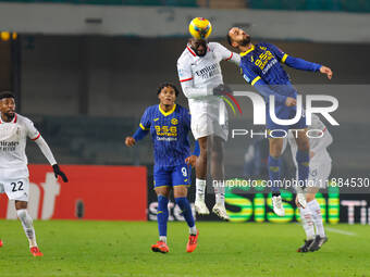 AC Milan's Youssouf Fofana plays against Hellas Verona's Grigoris Kastanos during the Italian Serie A Enilive soccer championship football m...