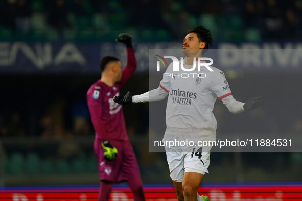 AC Milan's Tijjani Reijnders celebrates after scoring a goal during the Italian Serie A Enilive soccer championship football match between H...