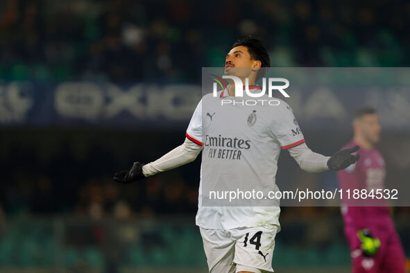 AC Milan's Tijjani Reijnders celebrates after scoring a goal during the Italian Serie A Enilive soccer championship football match between H...