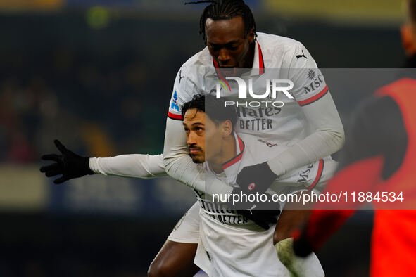 AC Milan's Tijjani Reijnders celebrates after scoring a goal with AC Milan's Tommy Abraham during the Italian Serie A Enilive soccer champio...