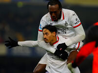 AC Milan's Tijjani Reijnders celebrates after scoring a goal with AC Milan's Tommy Abraham during the Italian Serie A Enilive soccer champio...