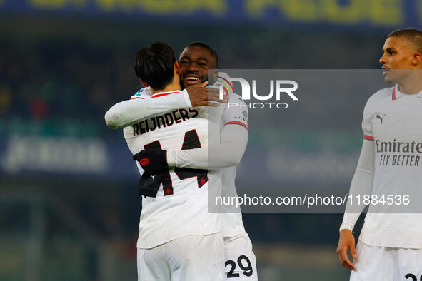 AC Milan's Tijjani Reijnders celebrates after scoring a goal with AC Milan's Youssouf Fofana during the Italian Serie A Enilive soccer champ...