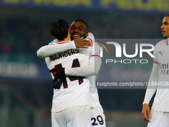 AC Milan's Tijjani Reijnders celebrates after scoring a goal with AC Milan's Youssouf Fofana during the Italian Serie A Enilive soccer champ...