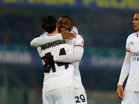 AC Milan's Tijjani Reijnders celebrates after scoring a goal with AC Milan's Youssouf Fofana during the Italian Serie A Enilive soccer champ...