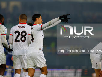 AC Milan's Tijjani Reijnders celebrates after scoring a goal during the Italian Serie A Enilive soccer championship football match between H...