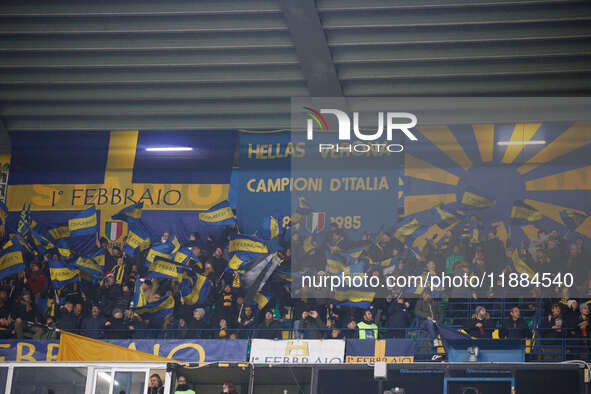 Hellas Verona's supporters attend the Italian Serie A Enilive soccer championship football match between Hellas Verona FC and AC Milan at Ma...