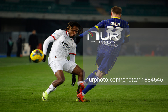 AC Milan's Samuel Chukwueze plays against Hellas Verona's Ondrej Duda during the Italian Serie A Enilive soccer championship football match...