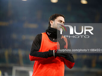 Davide Calabria of AC Milan participates in the Italian Serie A Enilive soccer championship football match between Hellas Verona FC and AC M...