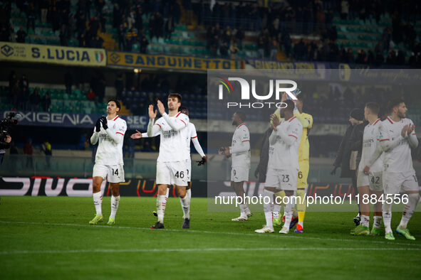 Milan's team celebrates during the Italian Serie A Enilive soccer championship football match between Hellas Verona FC and AC Milan at Marca...