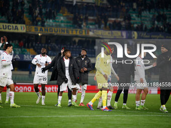 Milan's team celebrates during the Italian Serie A Enilive soccer championship football match between Hellas Verona FC and AC Milan at Marca...