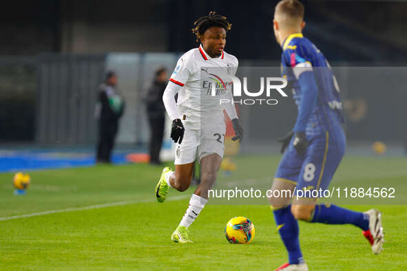 AC Milan's Samuel Chukwueze participates in the Italian Serie A Enilive soccer championship football match between Hellas Verona FC and AC M...