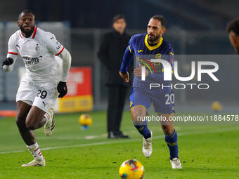 AC Milan's Youssouf Fofana plays against Hellas Verona's Grigoris Kastanos during the Italian Serie A Enilive soccer championship football m...