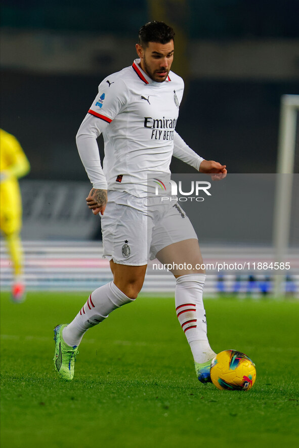 AC Milan's Theo Hernandez participates in the Italian Serie A Enilive soccer championship football match between Hellas Verona FC and AC Mil...