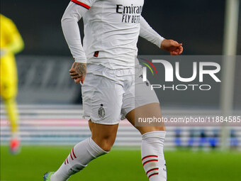 AC Milan's Theo Hernandez participates in the Italian Serie A Enilive soccer championship football match between Hellas Verona FC and AC Mil...