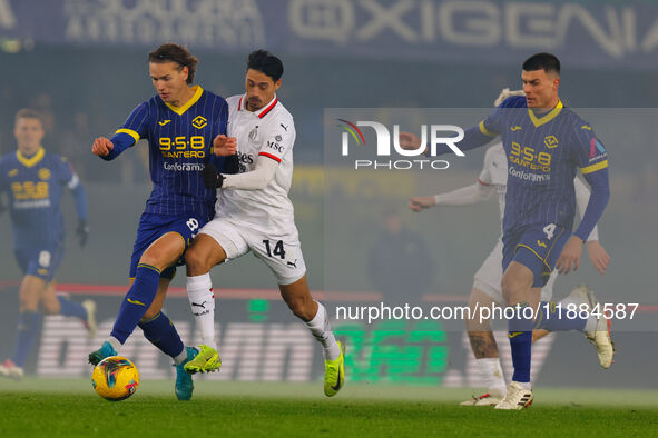 AC Milan's Tijjani Reijnders plays against Hellas Verona's Daniele Ghilardi during the Italian Serie A Enilive soccer championship football...