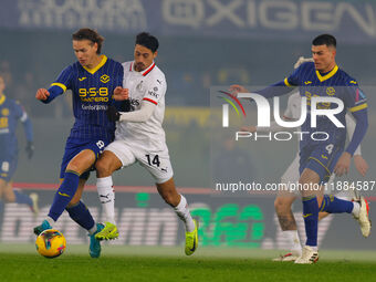 AC Milan's Tijjani Reijnders plays against Hellas Verona's Daniele Ghilardi during the Italian Serie A Enilive soccer championship football...