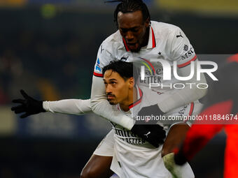 AC Milan's Tijjani Reijnders celebrates after scoring a goal with AC Milan's Tommy Abraham during the Italian Serie A Enilive soccer champio...