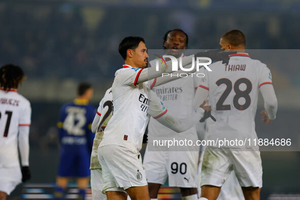 AC Milan's Tijjani Reijnders celebrates after scoring a goal during the Italian Serie A Enilive soccer championship football match between H...