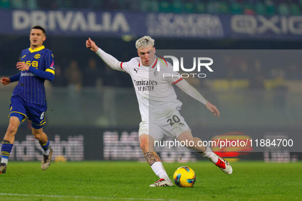 AC Milan's Alejandro Jimenez Sanchez participates in the Italian Serie A Enilive soccer championship football match between Hellas Verona FC...