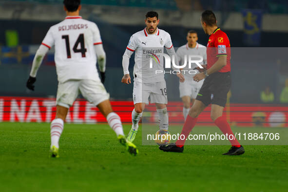 AC Milan's Theo Hernandez participates in the Italian Serie A Enilive soccer championship football match between Hellas Verona FC and AC Mil...