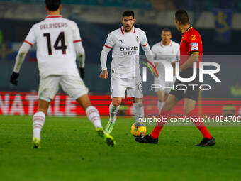 AC Milan's Theo Hernandez participates in the Italian Serie A Enilive soccer championship football match between Hellas Verona FC and AC Mil...