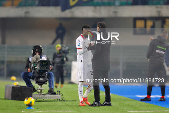 AC Milan's Emerson Royal and AC Milan's head coach Paulo Fonseca participate in the Italian Serie A Enilive soccer championship football mat...