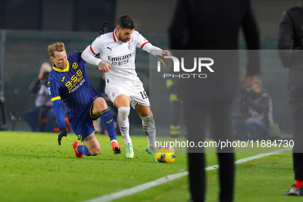 AC Milan's Theo Hernandez participates in the Italian Serie A Enilive soccer championship football match between Hellas Verona FC and AC Mil...