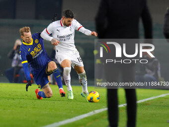 AC Milan's Theo Hernandez participates in the Italian Serie A Enilive soccer championship football match between Hellas Verona FC and AC Mil...