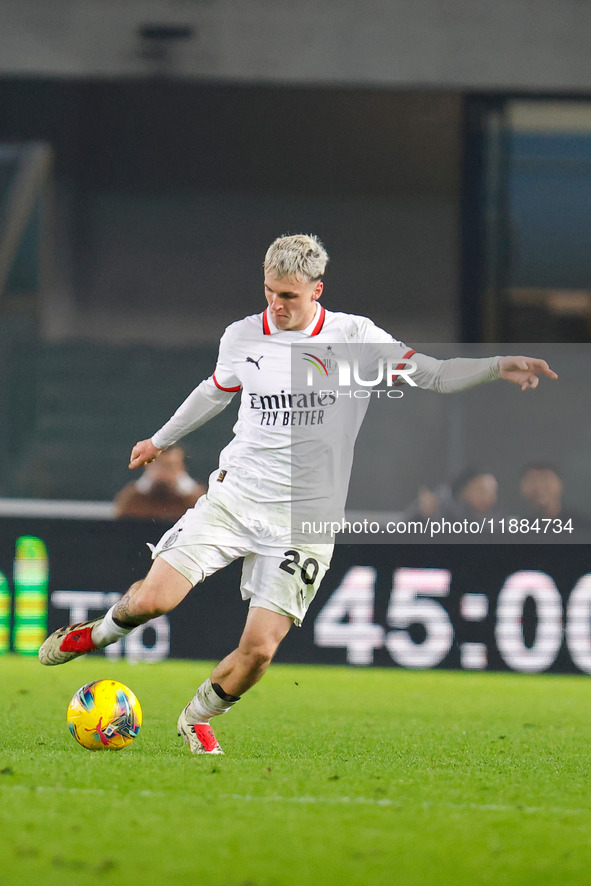 AC Milan's Alejandro Jimenez Sanchez participates in the Italian Serie A Enilive soccer championship football match between Hellas Verona FC...