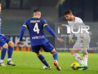 AC Milan's Theo Hernandez plays against Hellas Verona's Flavius Daniliuc during the Italian Serie A Enilive soccer championship match betwee...