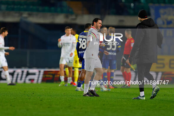 Davide Calabria of AC Milan expresses happiness during the Italian Serie A Enilive soccer championship football match between Hellas Verona...