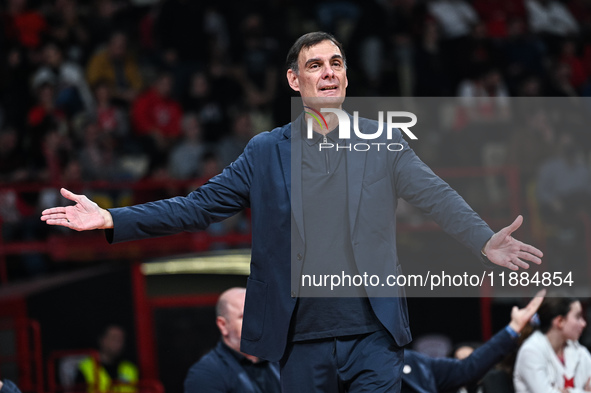 Head Coach Georgios Bartzokas of Olympiacos Piraeus is present during the Euroleague, Round 17 match between Olympiacos Piraeus and Alba Ber...