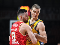 Luca Vildoza of Olympiacos Piraeus competes with Ziga Samar of Alba Berlin during the Euroleague, Round 17 match between Olympiacos Piraeus...