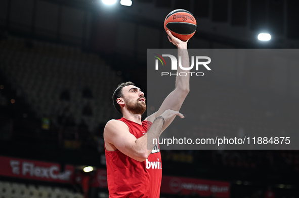 Nikola Milutinov of Olympiacos Piraeus plays during the Euroleague, Round 17 match between Olympiacos Piraeus and Alba Berlin at Peace and F...