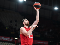 Nikola Milutinov of Olympiacos Piraeus plays during the Euroleague, Round 17 match between Olympiacos Piraeus and Alba Berlin at Peace and F...