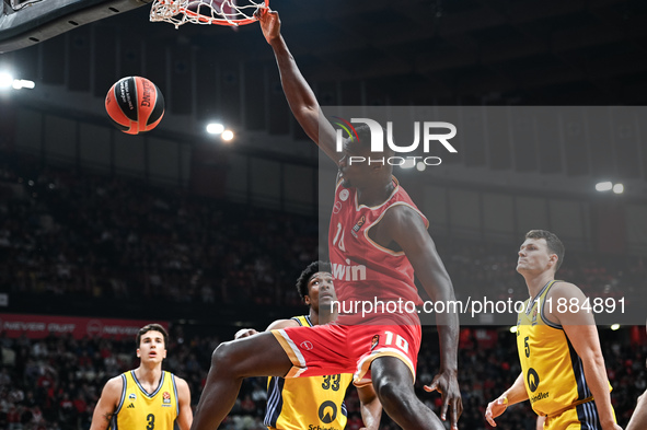 Moustapha Fall of Olympiacos Piraeus plays during the Euroleague, Round 17 match between Olympiacos Piraeus and Alba Berlin at Peace and Fri...